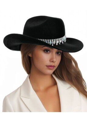 Black Rhinestone Cowgirl Hat Western Felt Rodeo Fedora with Bling Crystal Band